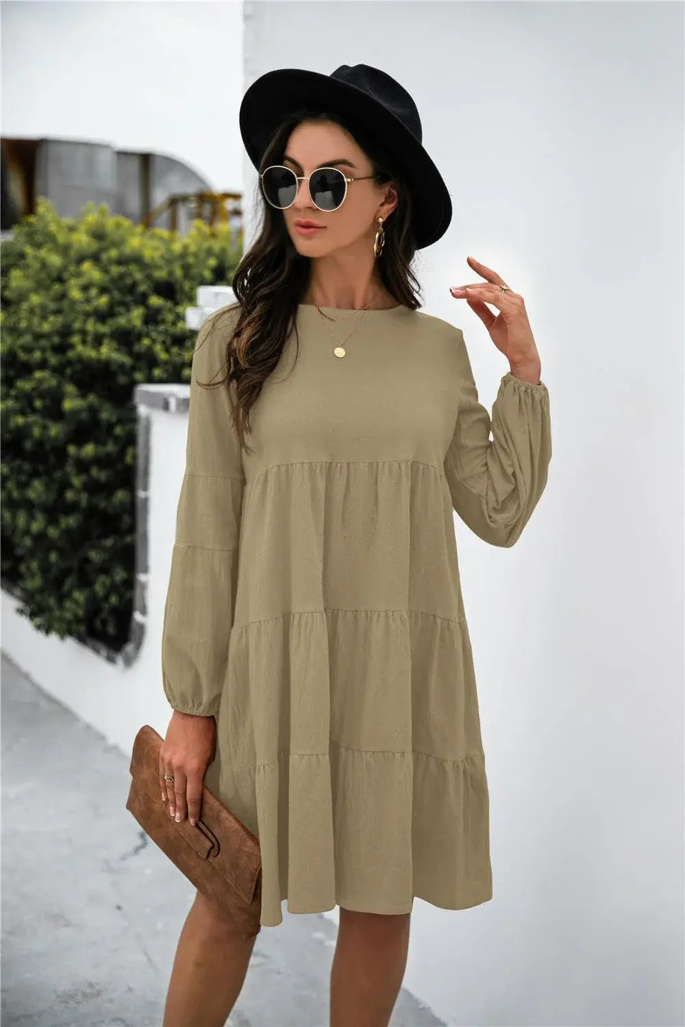 Balloon Sleeve Keyhole Tiered Dress - Trendsi - Flyclothing LLC
