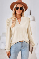 Ruched Notched Long Sleeve T-Shirt - Trendsi - Flyclothing LLC