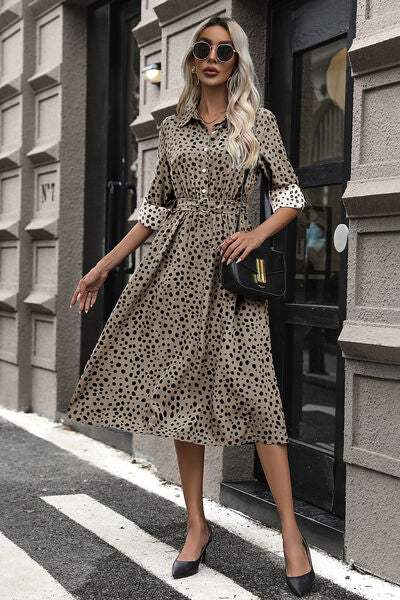 Polka Dot Tied Button Up Dress - Trendsi - Flyclothing LLC