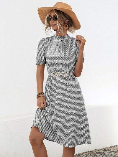 Printed Mock Neck Flounce Sleeve Dress - Trendsi - Flyclothing LLC