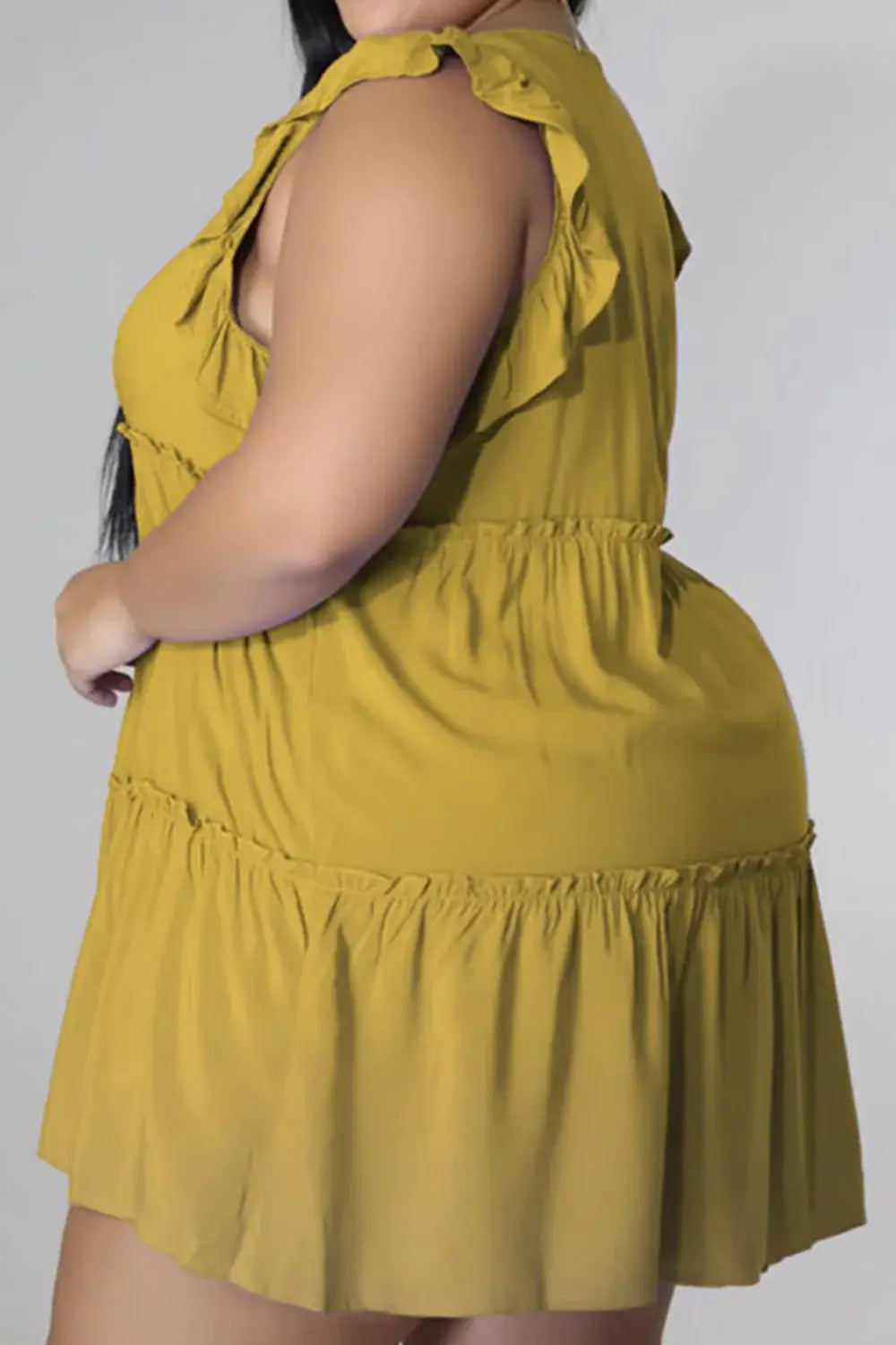 Plus Size V-Neck Frill Trim Mini Dress - Trendsi - Flyclothing LLC