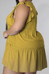 Plus Size V-Neck Frill Trim Mini Dress - Trendsi - Flyclothing LLC