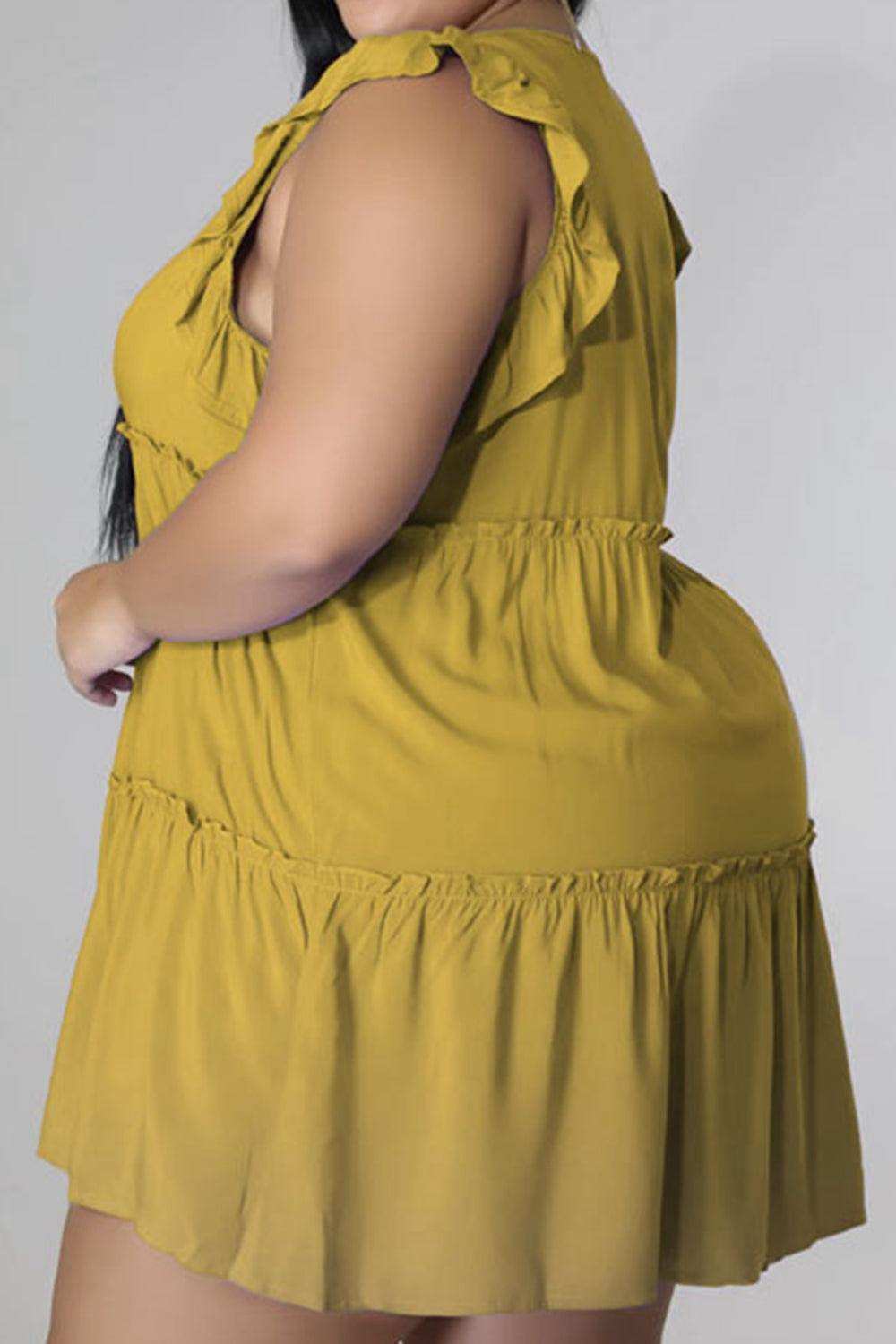 Plus Size V-Neck Frill Trim Mini Dress - Trendsi - Flyclothing LLC