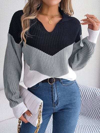 Color Block Dropped Shoulder Sweater - Trendsi - Flyclothing LLC