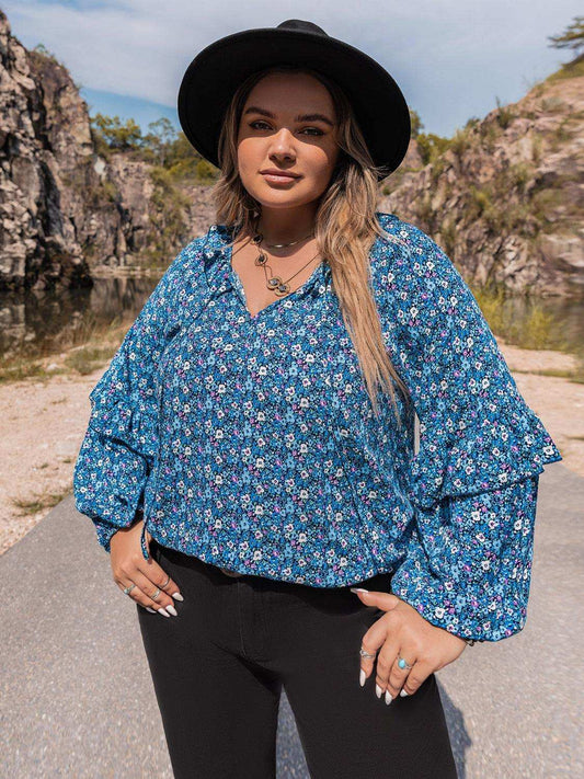 Plus Size Tie Neck Ruffled Blouse - Trendsi - Flyclothing LLC