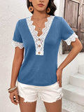 Lace Detail V-Neck Short Sleeve T-Shirt - Trendsi - Flyclothing LLC