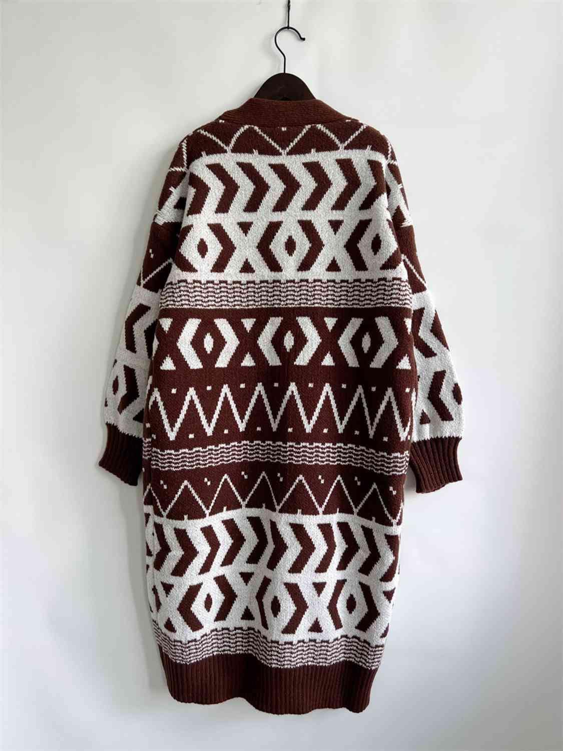 Geometric Button Front Longline Cardigan - Trendsi