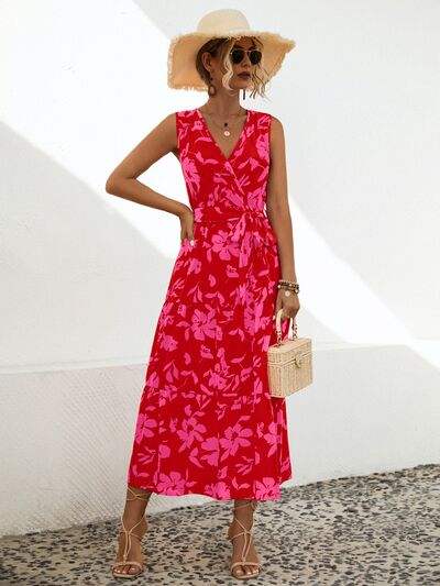 Tied Printed Surplice Tiered Dress - Trendsi - Flyclothing LLC