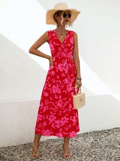 Tied Printed Surplice Tiered Dress - Trendsi - Flyclothing LLC
