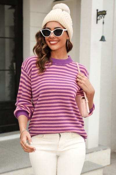 Striped Round Neck Dropped Shoulder Sweater - Trendsi - Flyclothing LLC