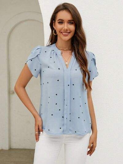 Heart Print Notched Petal Sleeve Blouse - Trendsi - Flyclothing LLC