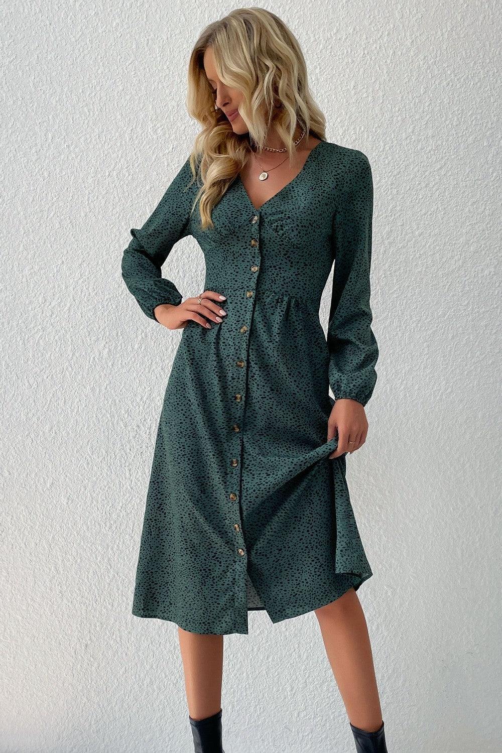 Printed Button Down V-Neck Midi Dress - Trendsi