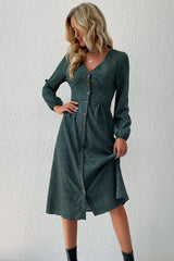 Printed Button Down V-Neck Midi Dress - Trendsi