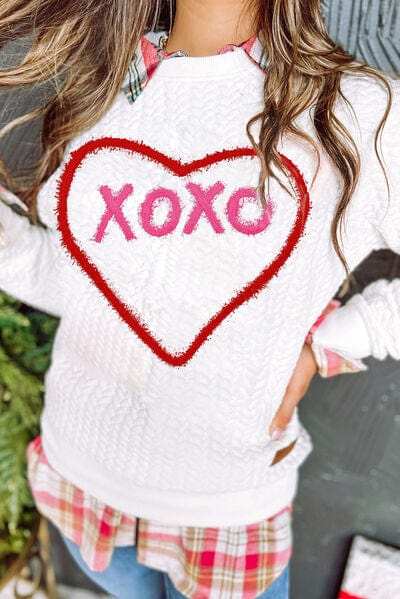 XOXO Heart Round Neck Dropped Shoulder Sweatshirt - Trendsi - Flyclothing LLC