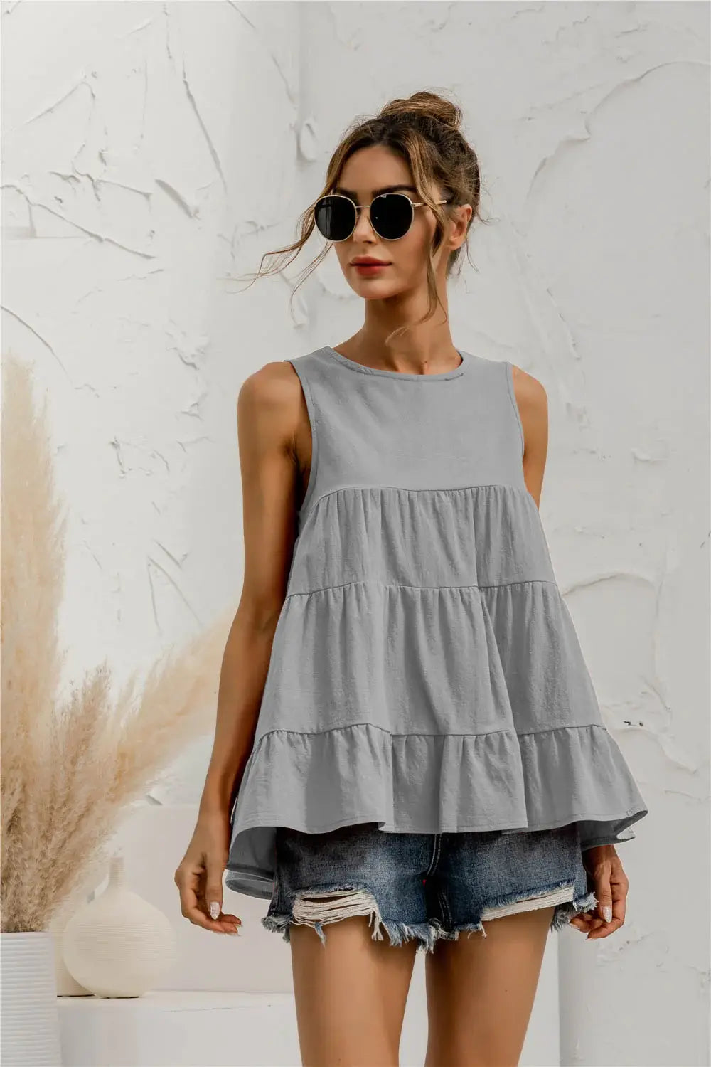 Round Neck Tiered Tank - Trendsi - Flyclothing LLC