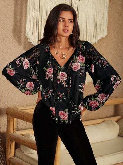 Flower Printed Tie Neck Long Sleeve Blouse - Trendsi - Flyclothing LLC