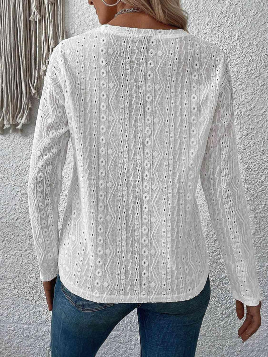 Eyelet Round Neck Long Sleeve Top - Trendsi