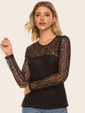 Lace Yoke Spliced Top - Trendsi