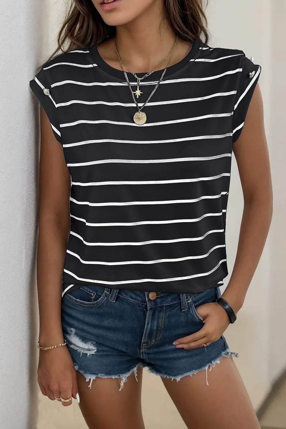 Decorative Button Round Neck T-Shirt - Trendsi - Flyclothing LLC