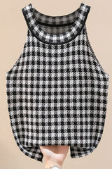 Plaid Round Neck Sleeveless Knit Top - Trendsi - Flyclothing LLC