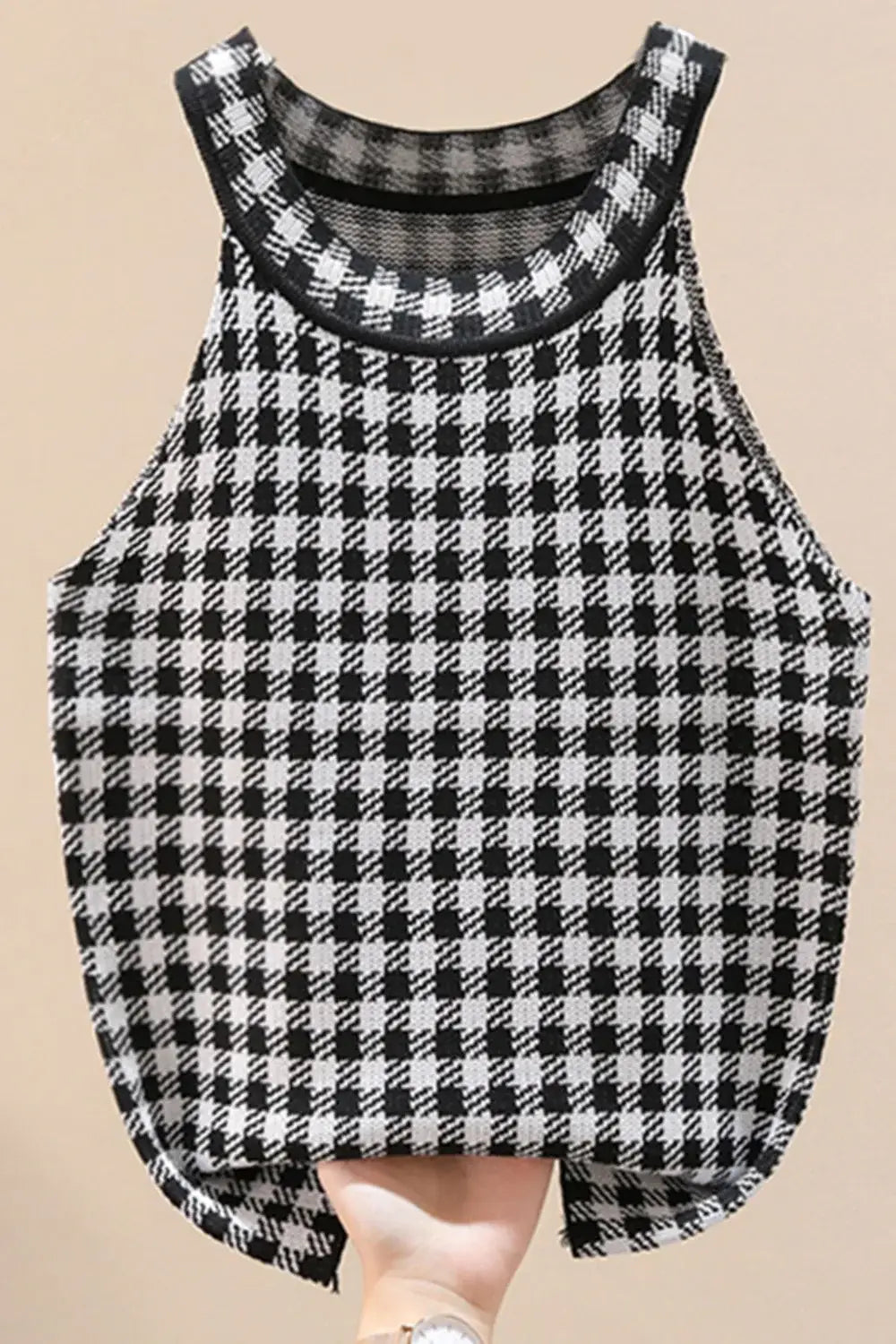 Plaid Round Neck Sleeveless Knit Top - Trendsi - Flyclothing LLC