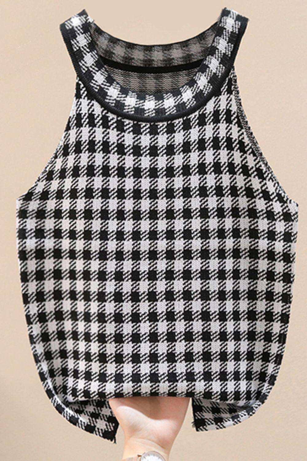 Plaid Round Neck Sleeveless Knit Top - Trendsi - Flyclothing LLC