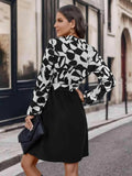 Contrast Notched Tie Front Long Sleeve Dress - Trendsi