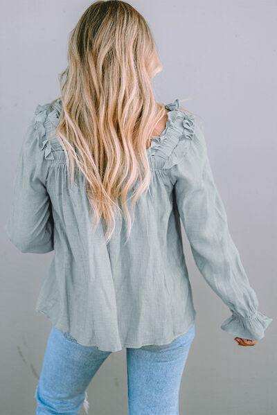 Frill Trim Flounce Sleeve Blouse - Trendsi - Flyclothing LLC