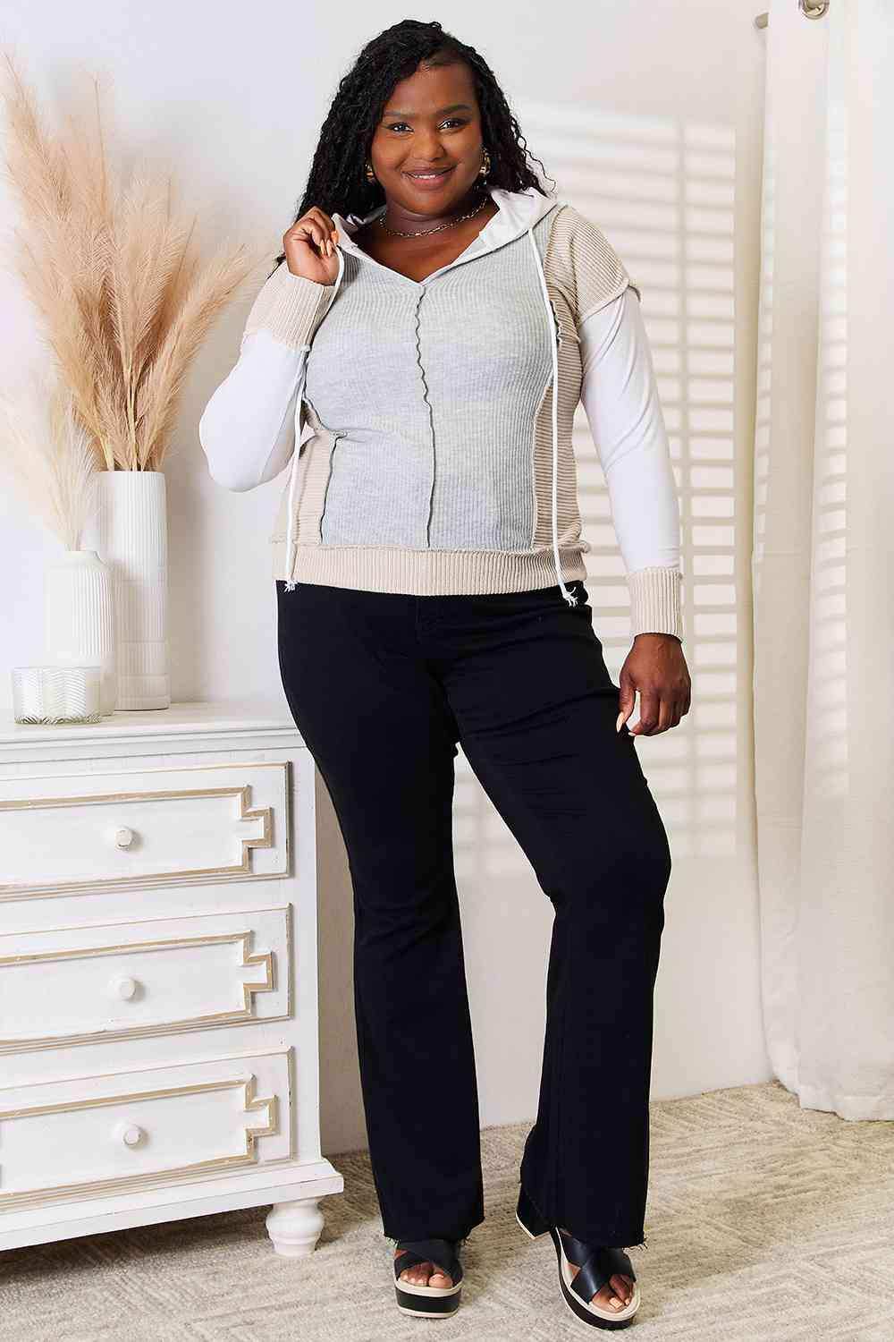 Double Take Color Block Exposed Seam Drawstring Hoodie - Trendsi - Flyclothing LLC