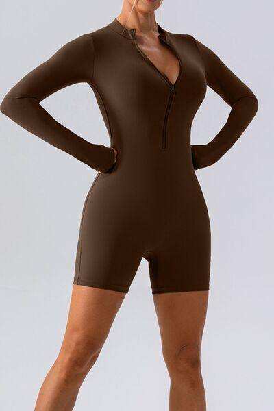Half Zip Long Sleeve Active Romper - Trendsi - Flyclothing LLC