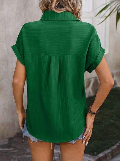 Textured Button Up Cap Sleeve Shirt - Trendsi - Flyclothing LLC