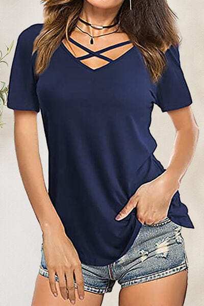 Crisscross Short Sleeve T-Shirt - Trendsi - Flyclothing LLC
