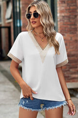 Openwork V-Neck Short Sleeve T-Shirt - Trendsi - Flyclothing LLC