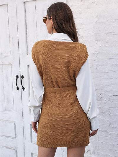 Tie Front V-Neck Sleeveless Slit Sweater Dress - Trendsi - Flyclothing LLC