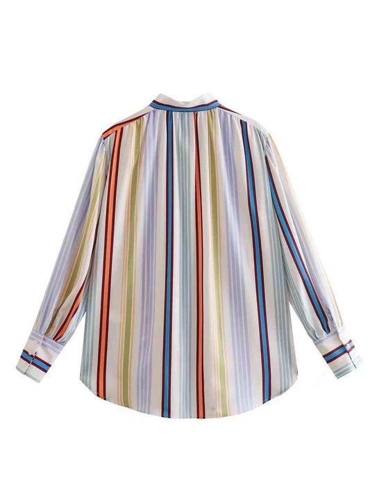 Striped Button Down Lantern Sleeve Shirt - Trendsi - Flyclothing LLC