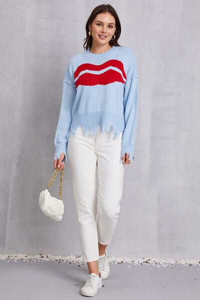 Lip Fringe Round Neck Sweater - Trendsi