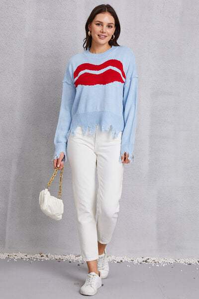 Lip Fringe Round Neck Sweater - Trendsi - Flyclothing LLC