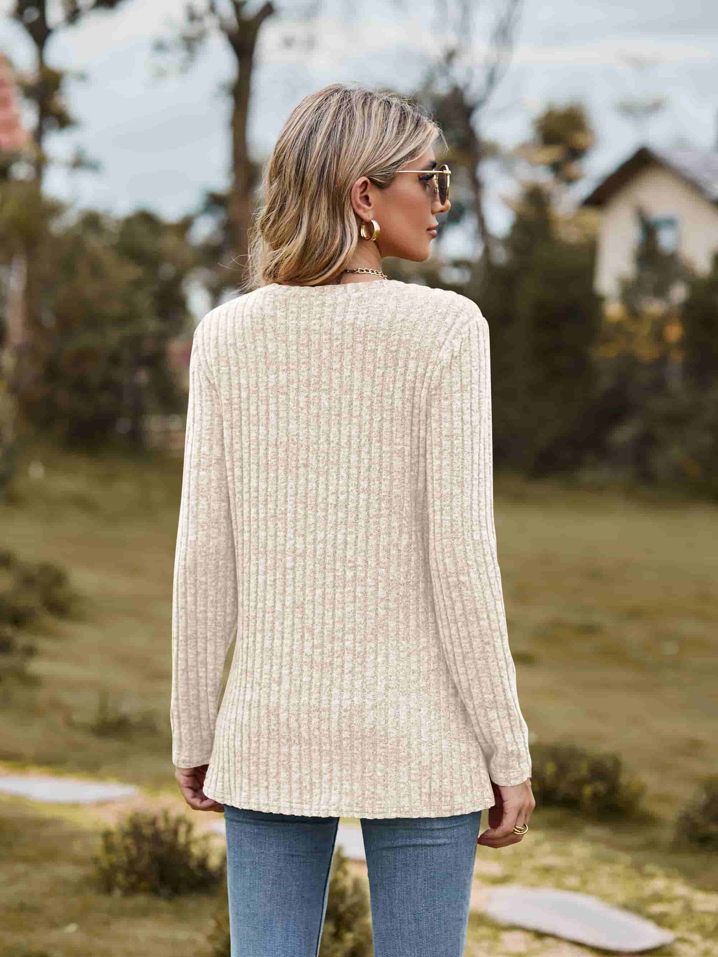 Ribbed Round Neck Long Sleeve Tee - Trendsi - Flyclothing LLC