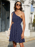 Grid One-Shoulder Tied Cutout Dress - Trendsi - Flyclothing LLC