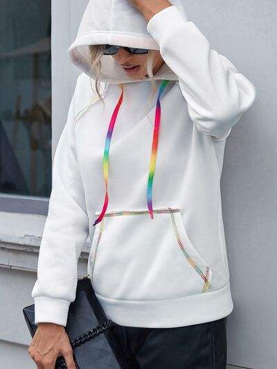 Contrast Stitching Drawstring Raglan Sleeve Hoodie - Trendsi - Flyclothing LLC
