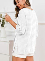 Rolled Round Neck Dropped Shoulder Slit Sweater - Trendsi - Flyclothing LLC