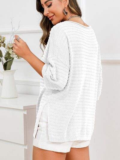 Rolled Round Neck Dropped Shoulder Slit Sweater - Trendsi - Flyclothing LLC