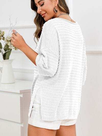 Rolled Round Neck Dropped Shoulder Slit Sweater - Trendsi - Flyclothing LLC