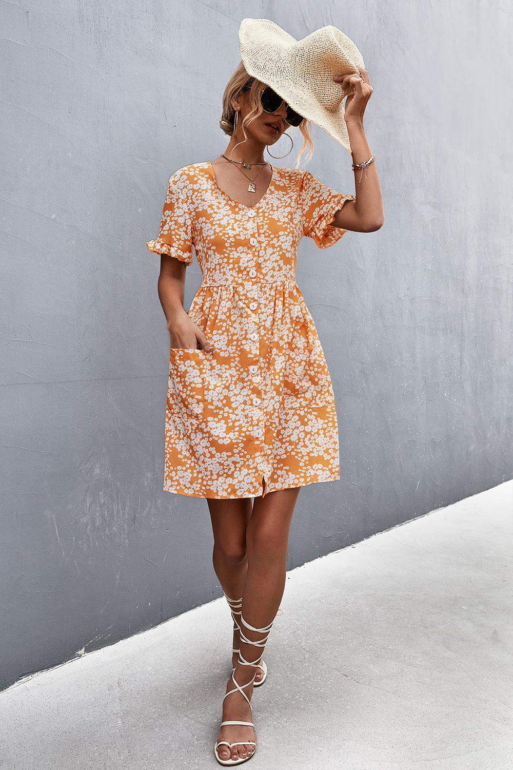 Printed Button down Pocketed Dress - Trendsi - Flyclothing LLC