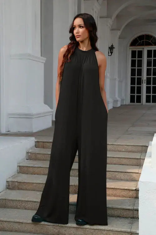 Double Take Full Size Tie Back Cutout Sleeveless Jumpsuit - Trendsi - Flyclothing LLC