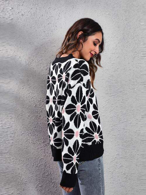 Floral Round Neck Long Sleeve Sweater - Trendsi - Flyclothing LLC