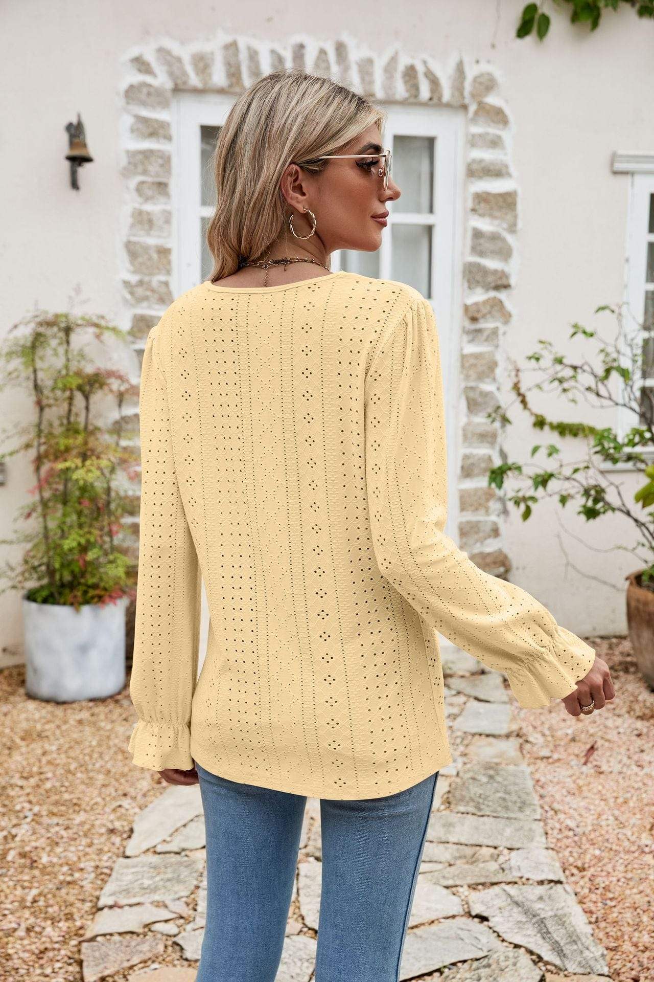 Eyelet Lace Trim Flounce Sleeve Blouse - Trendsi - Flyclothing LLC