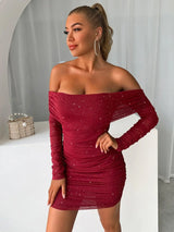Glitter Mesh Off-Shoulder Ruched Mini Dress - Trendsi - Flyclothing LLC
