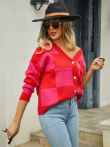 Plaid V-Neck Dropped Shoulder Cardigan - Trendsi - Flyclothing LLC