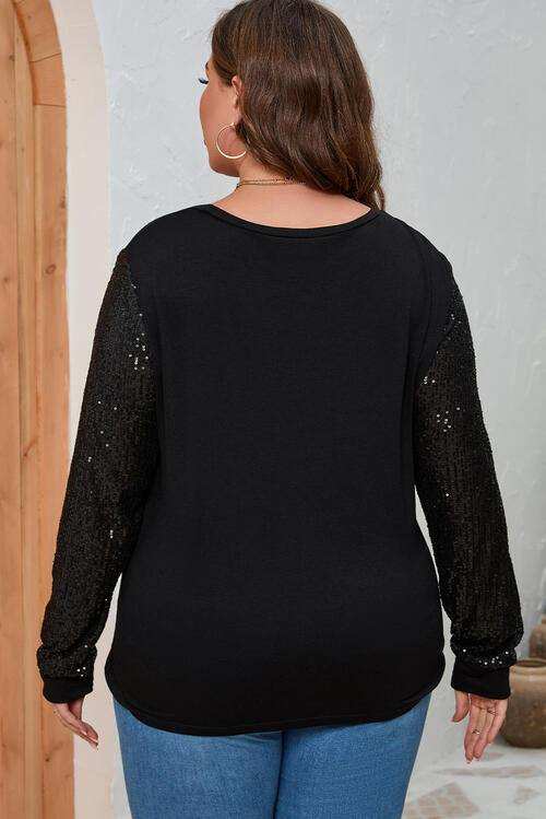 Plus Size Sequin Round Neck Long Sleeve Top - Trendsi - Flyclothing LLC